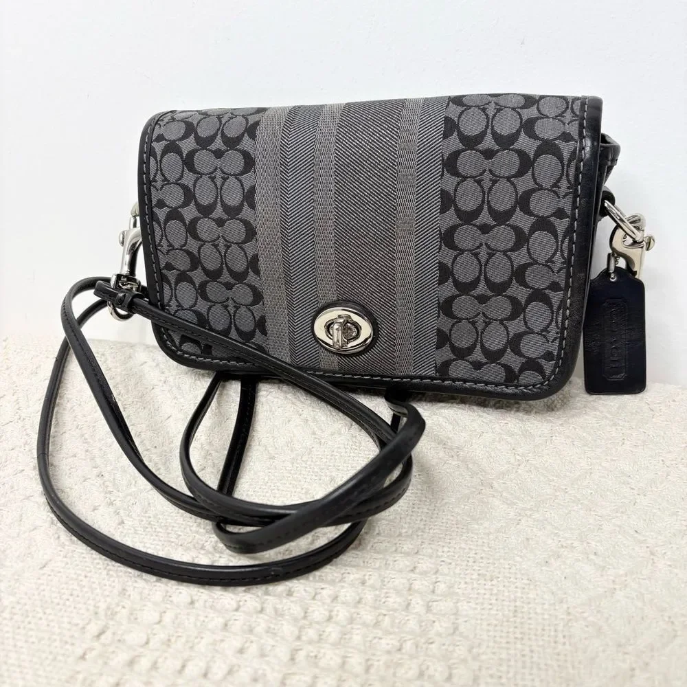 Coach Legacy Signature Stripe Penny Shoulder Bag 19919 Black Grey Silver Mini